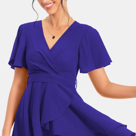 Surplice Neck Flutter Sleeve Dress - Picture 3 of 8
